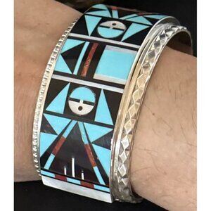 Zuni Turquoise Inlay Sterling Silver Cuff Bracelet Native Indian Handmade